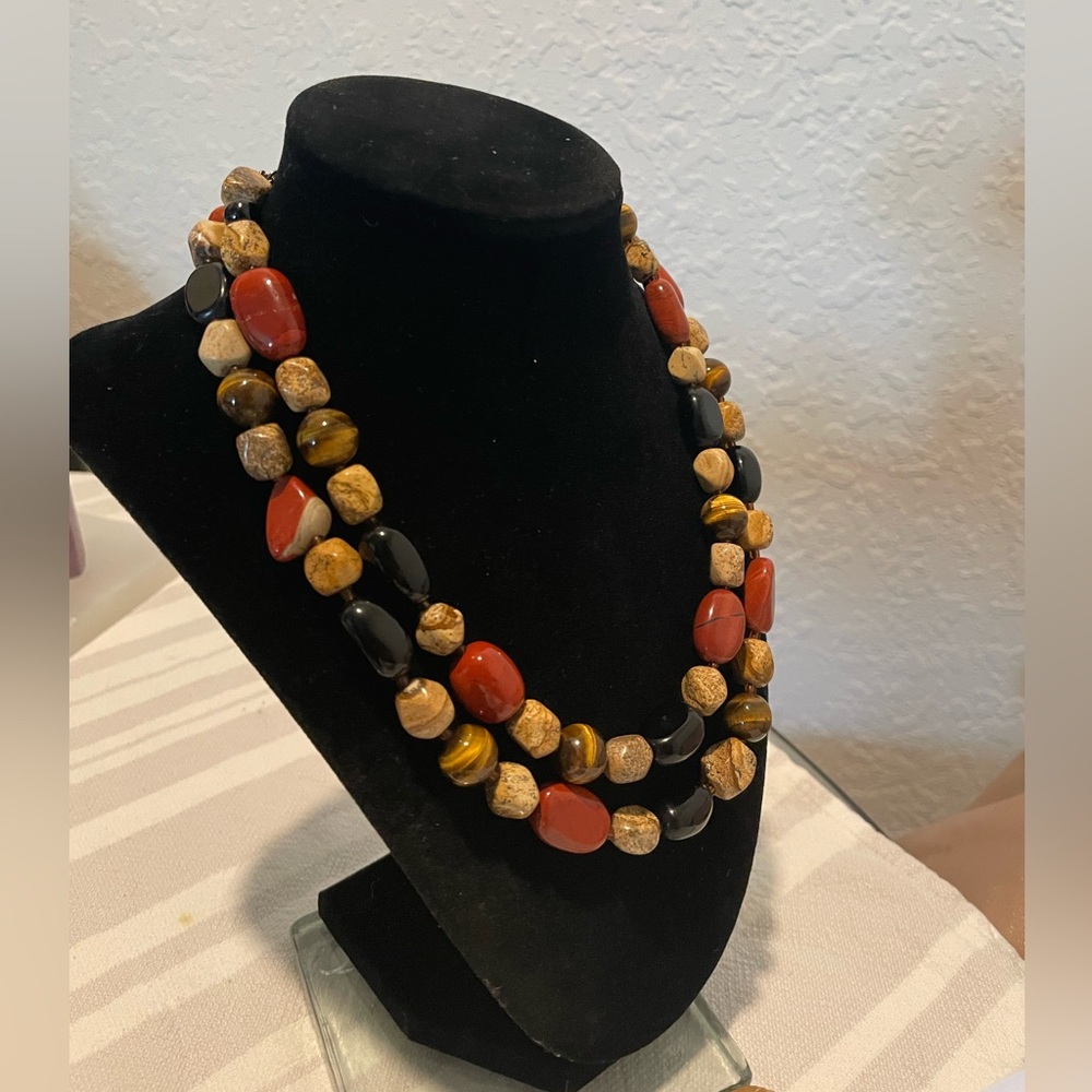 Double Strand Gemstone Necklace | Brown, Black, Red